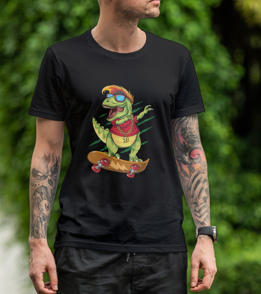 Dabbing Rex Cool Skateboarding Dinosaur Skater With Sunglasses And Chain T-Shirt