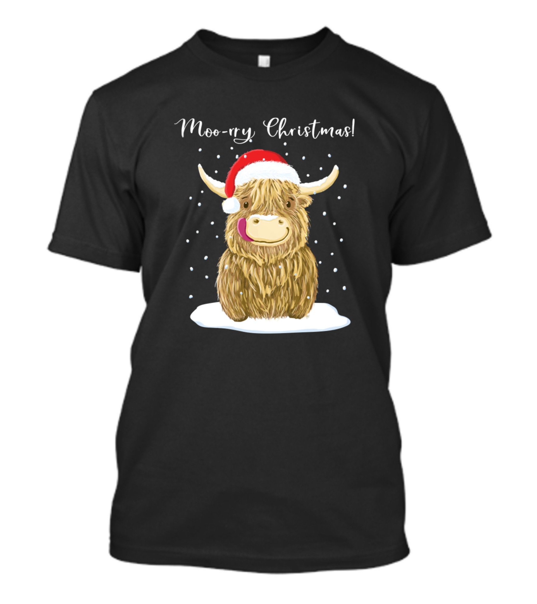 Moo-rry Christmas Scottish Highland Cow With Santa Hat T-Shirt