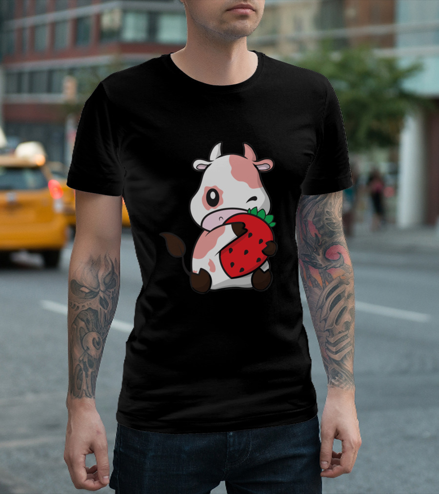 Cows Strawberry Cow Cute New 296 Farming Kawaii Winking Strawberry Cow T-Shirt