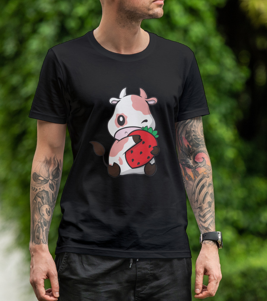 Cows Strawberry Cow Cute New 296 Farming Kawaii Winking Strawberry Cow T-Shirt