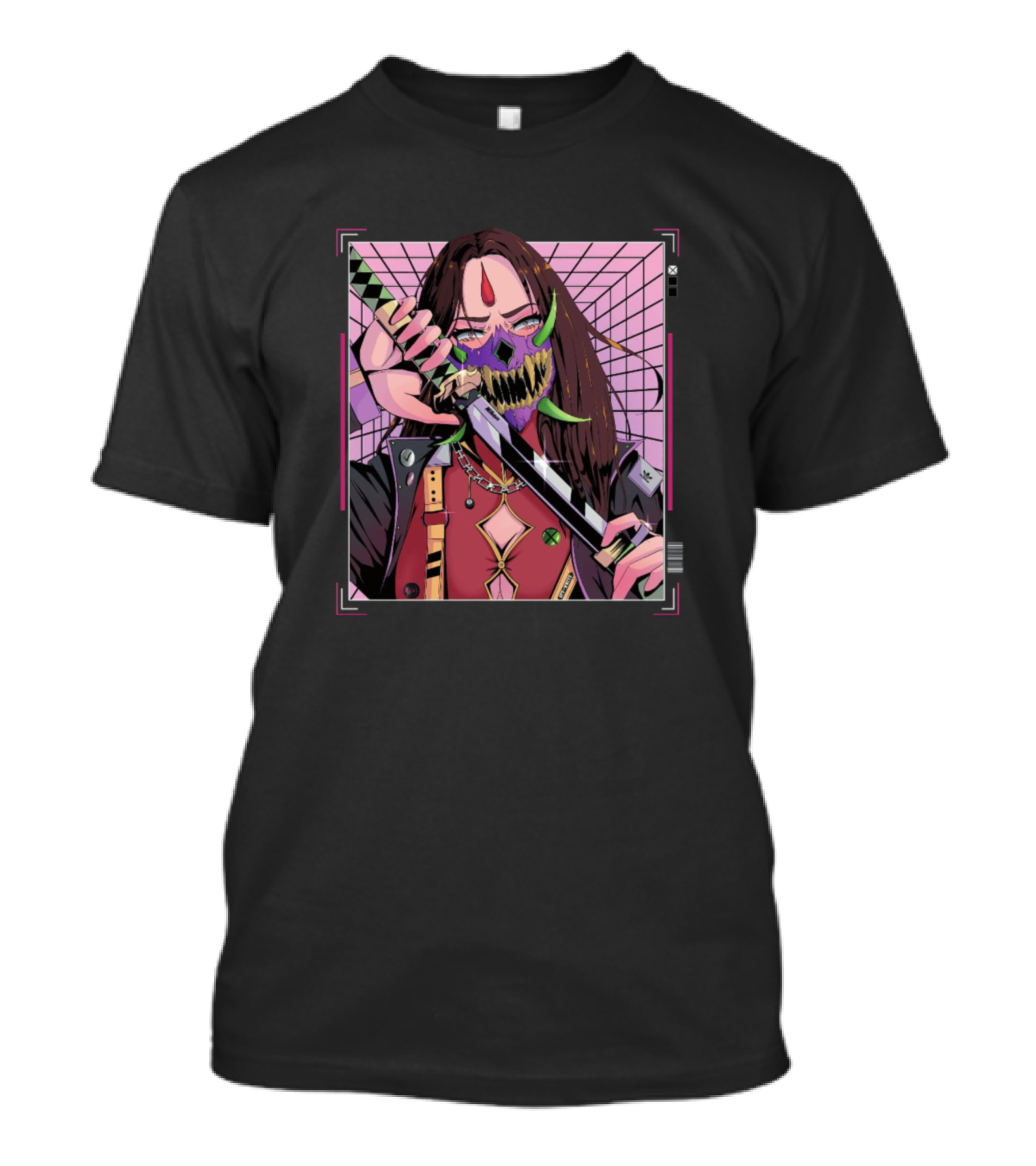 Demon Slayer Vivid Character With Sword And Mask In Geometric Web T-Shirt