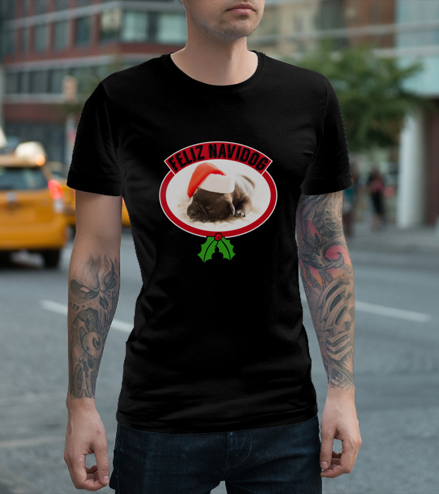 Feliz Navidog Puppy With Santa Hat And Holly T-Shirt
