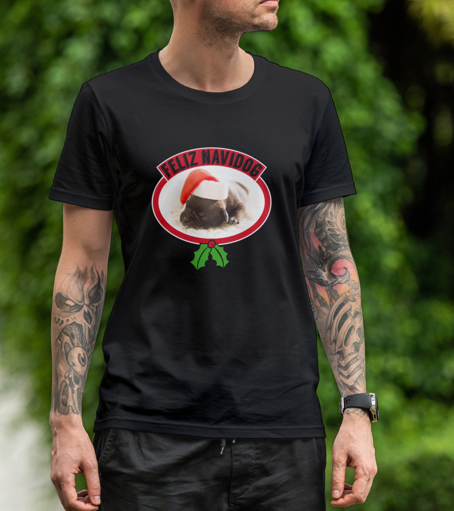 Feliz Navidog Puppy With Santa Hat And Holly T-Shirt