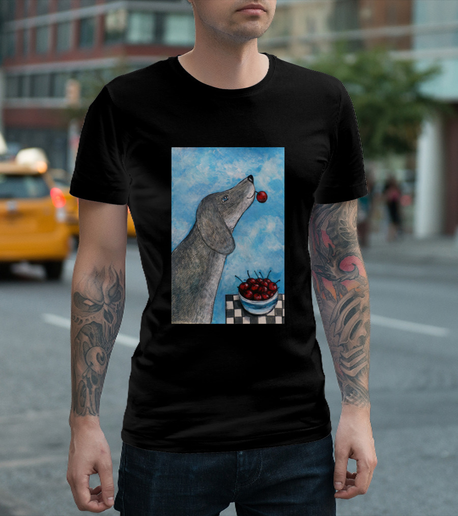 Funny Dog Balancing Cherry Blue Sky Bowl of Cherries T-Shirt