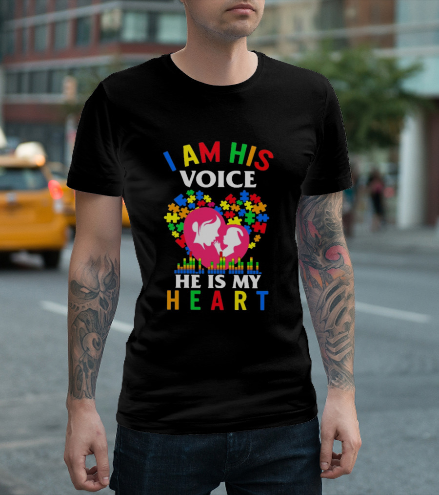 I Am His Voice He Is My Heart Awareness Puzzle Heart T-Shirt