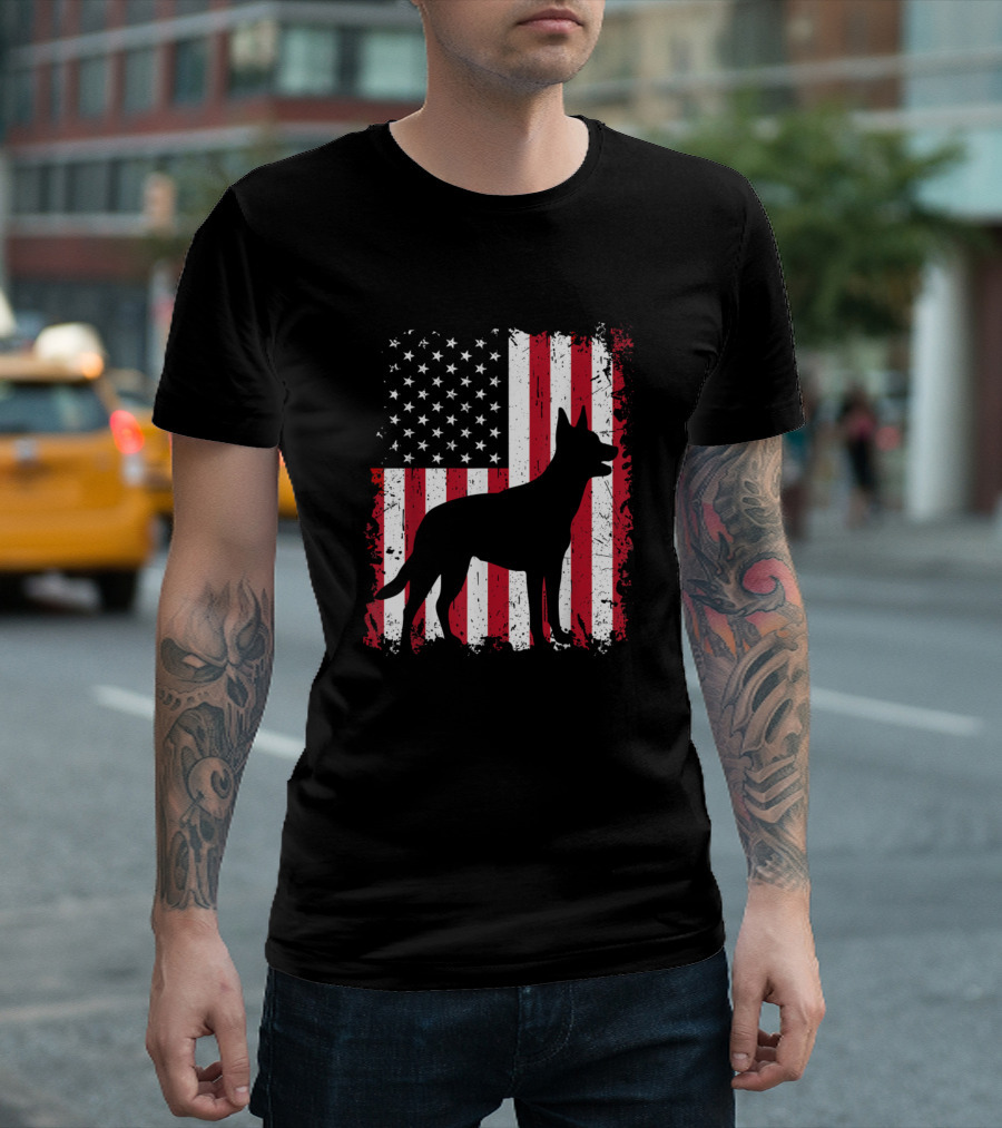 Kelpie Dog Silhouette with American Flag Fourth of July USA Patriotic T-Shirt