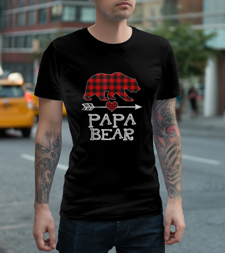 Papa Bear Red Plaid Buffalo Christmas Arrow Heart T-Shirt