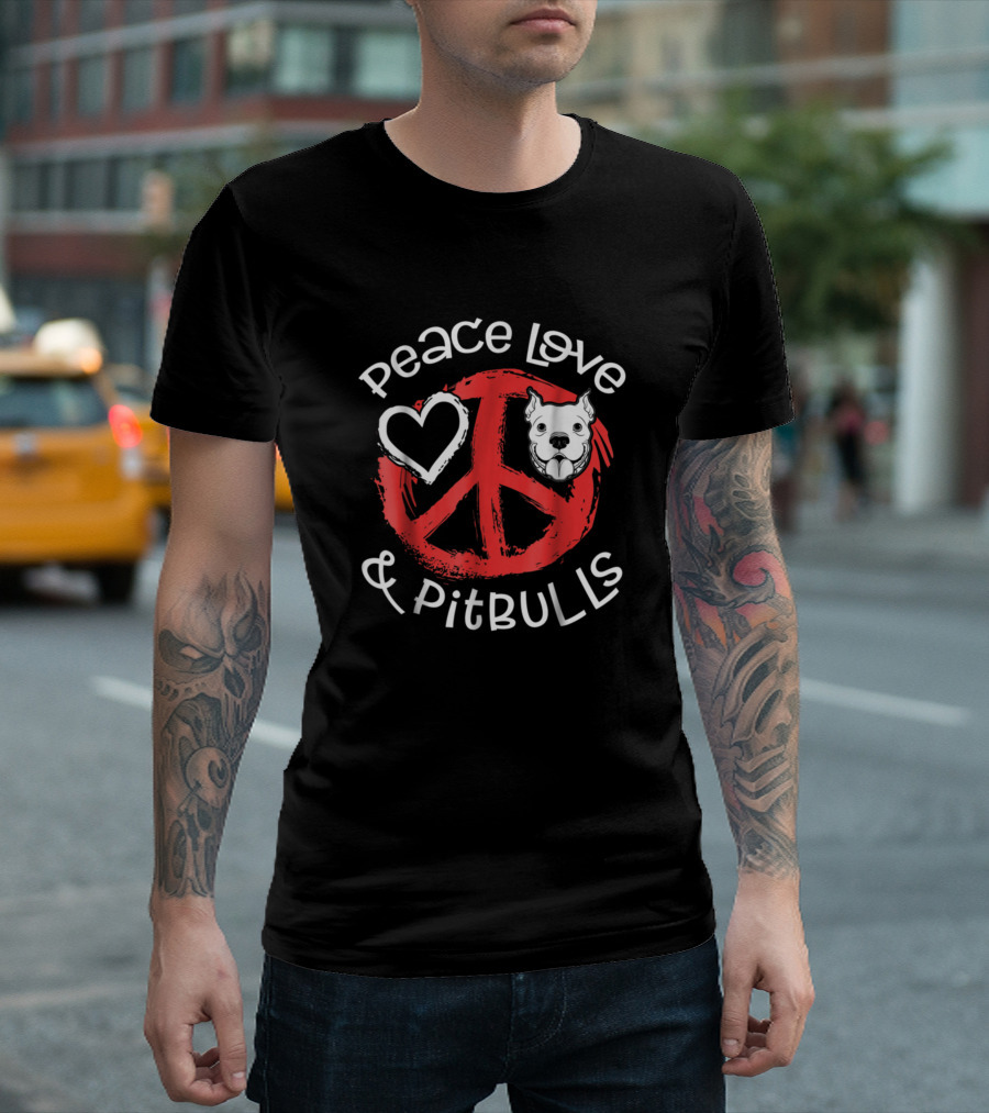 Peace Love and Pitbulls Heart Symbol with Pitbull Face T-Shirt