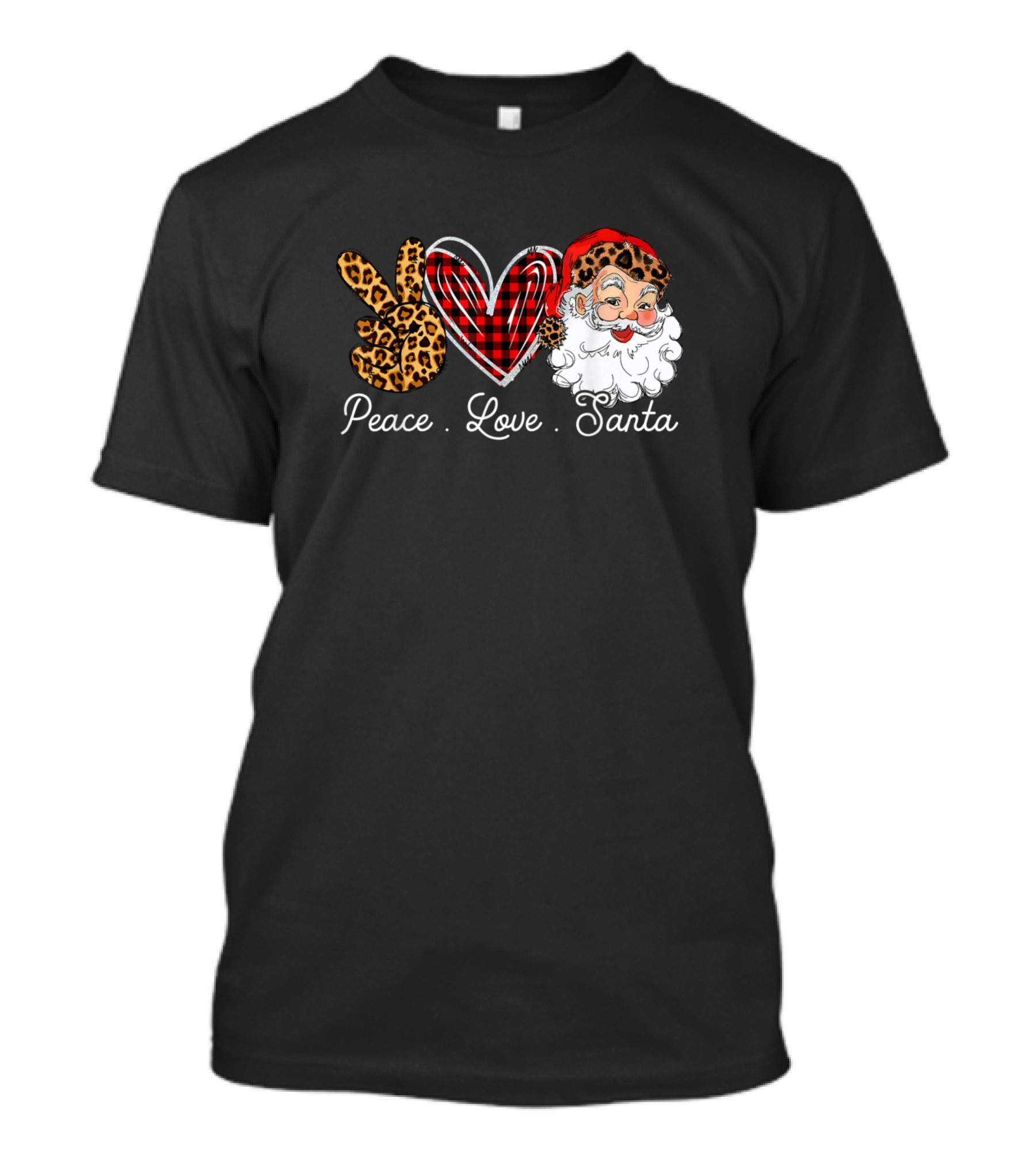 Peace Love Santa Leopard Print Buffalo Plaid T-Shirt