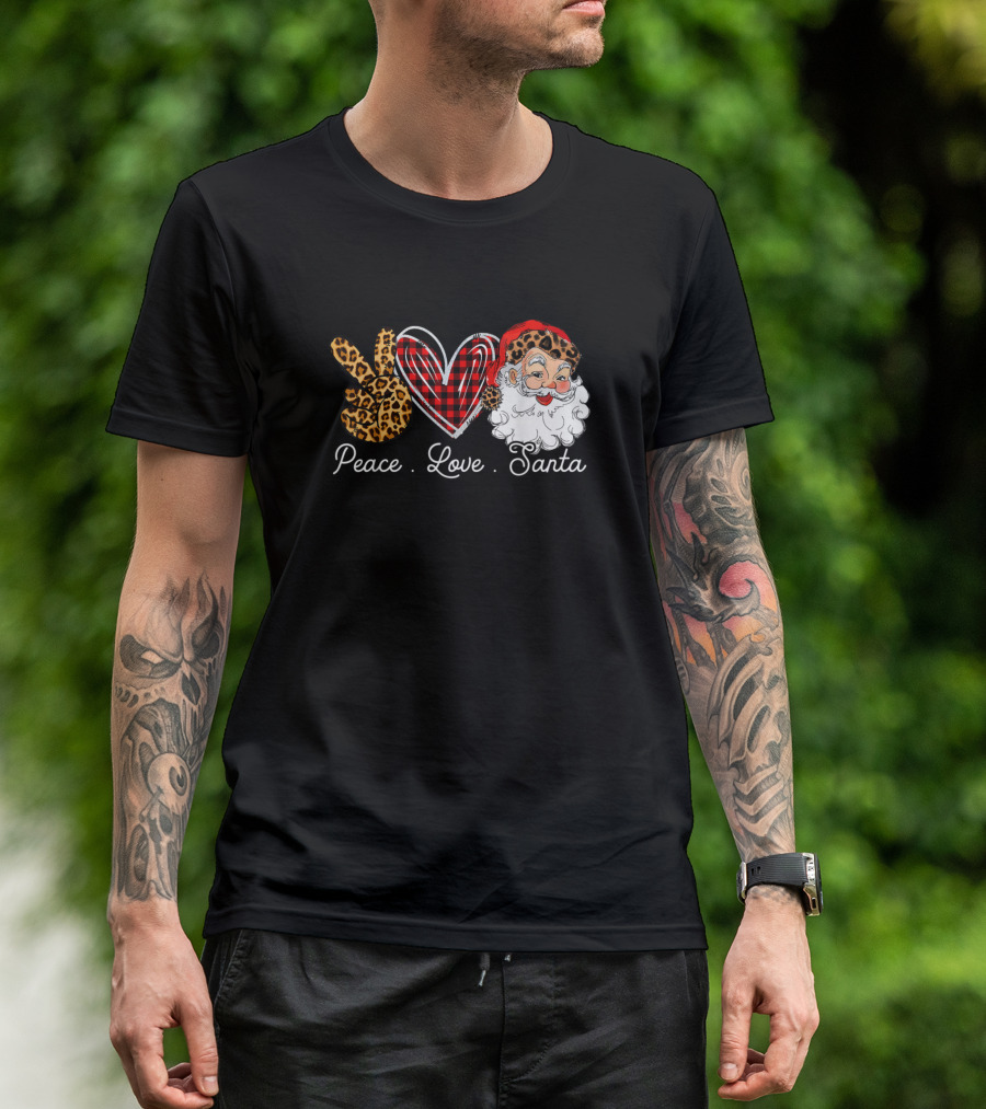 Peace Love Santa Leopard Print Buffalo Plaid T-Shirt