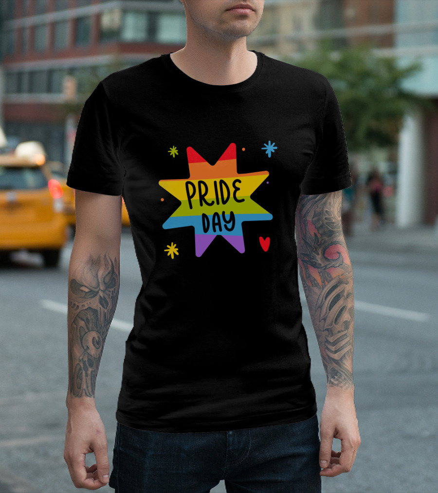 Pride Day Rainbow Star with Colorful Hearts and Stars T-Shirt