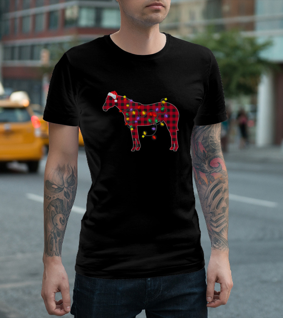 Red Plaid Buffalo Horse with Christmas Lights and Santa Hat T-Shirt