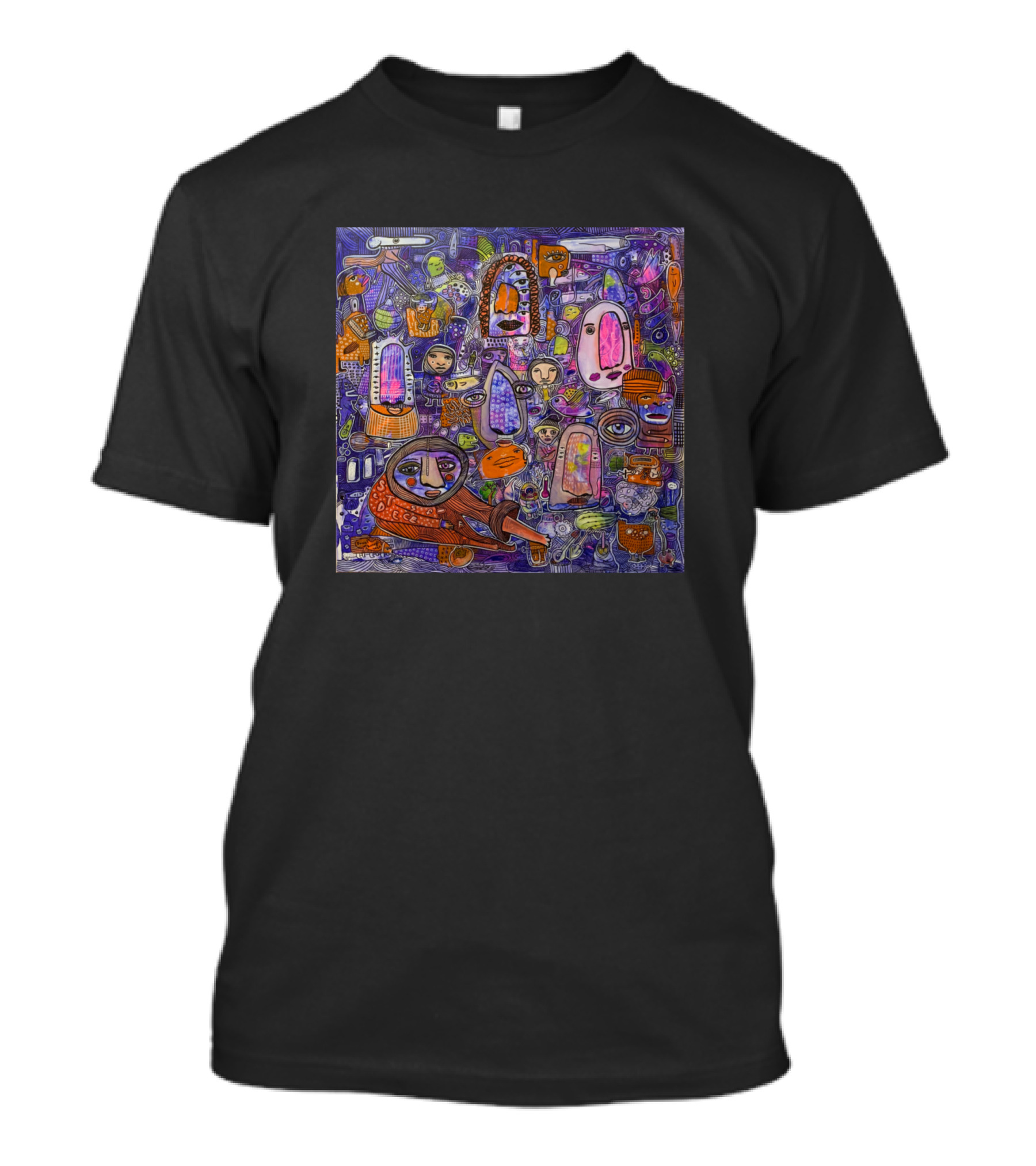 Whimsical Faces And Abstract Patterns In Mixed Colors T-Shirt
