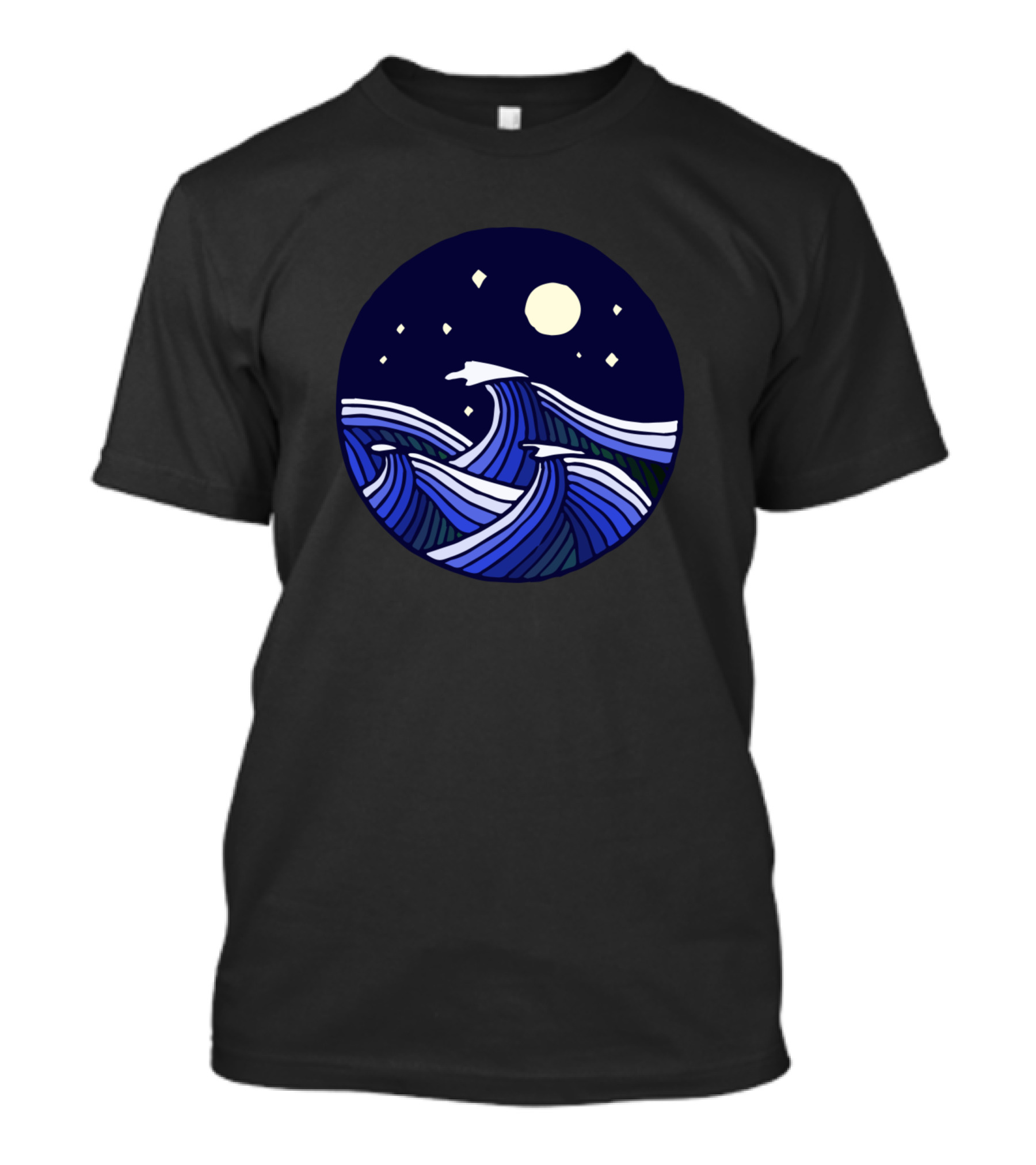 Stylized Moonlit Night With Ocean Waves And Stars T-Shirt