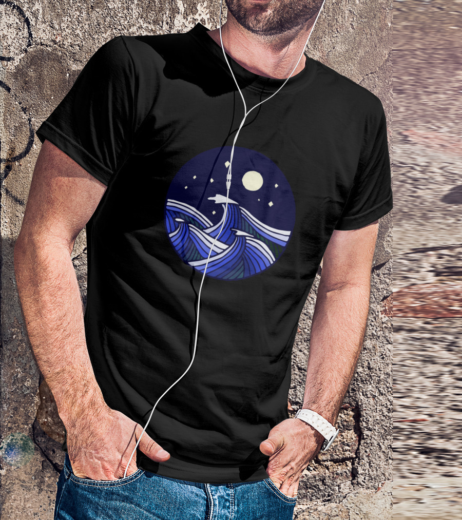 Stylized Moonlit Night With Ocean Waves And Stars T-Shirt