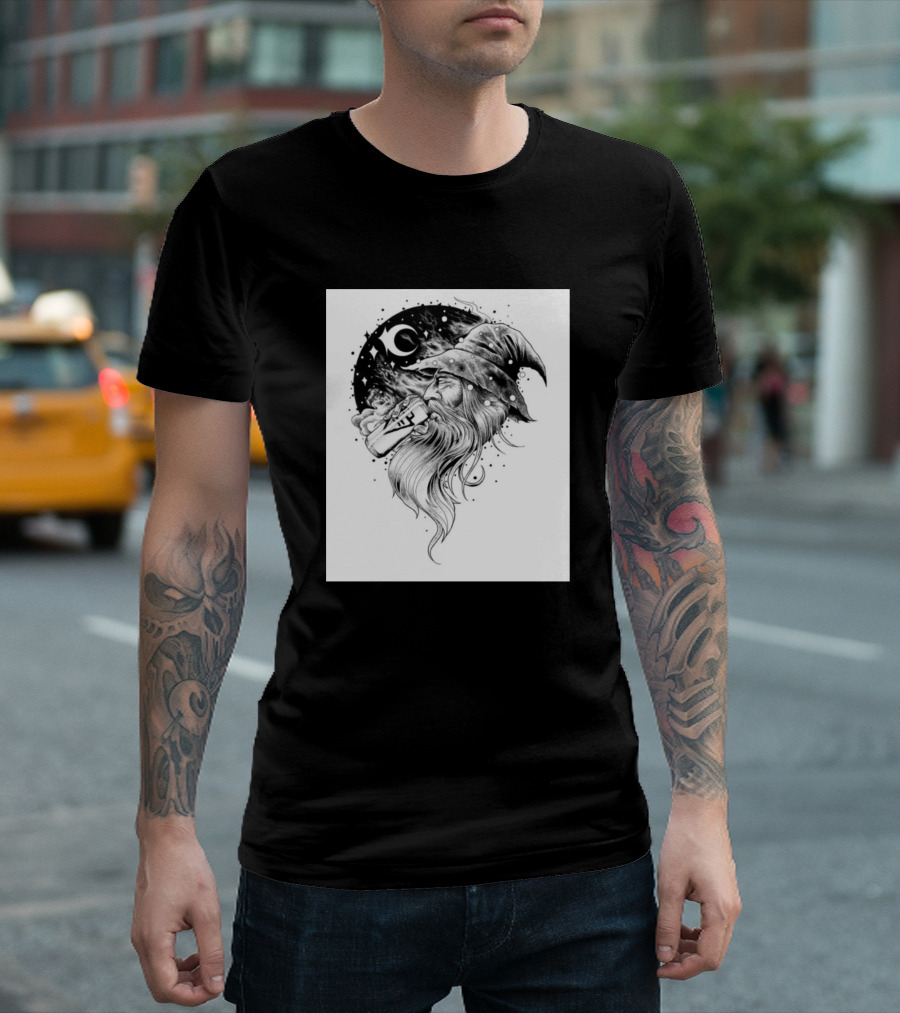 Old Man Wizard Drinking Beer Under Moon T-Shirt