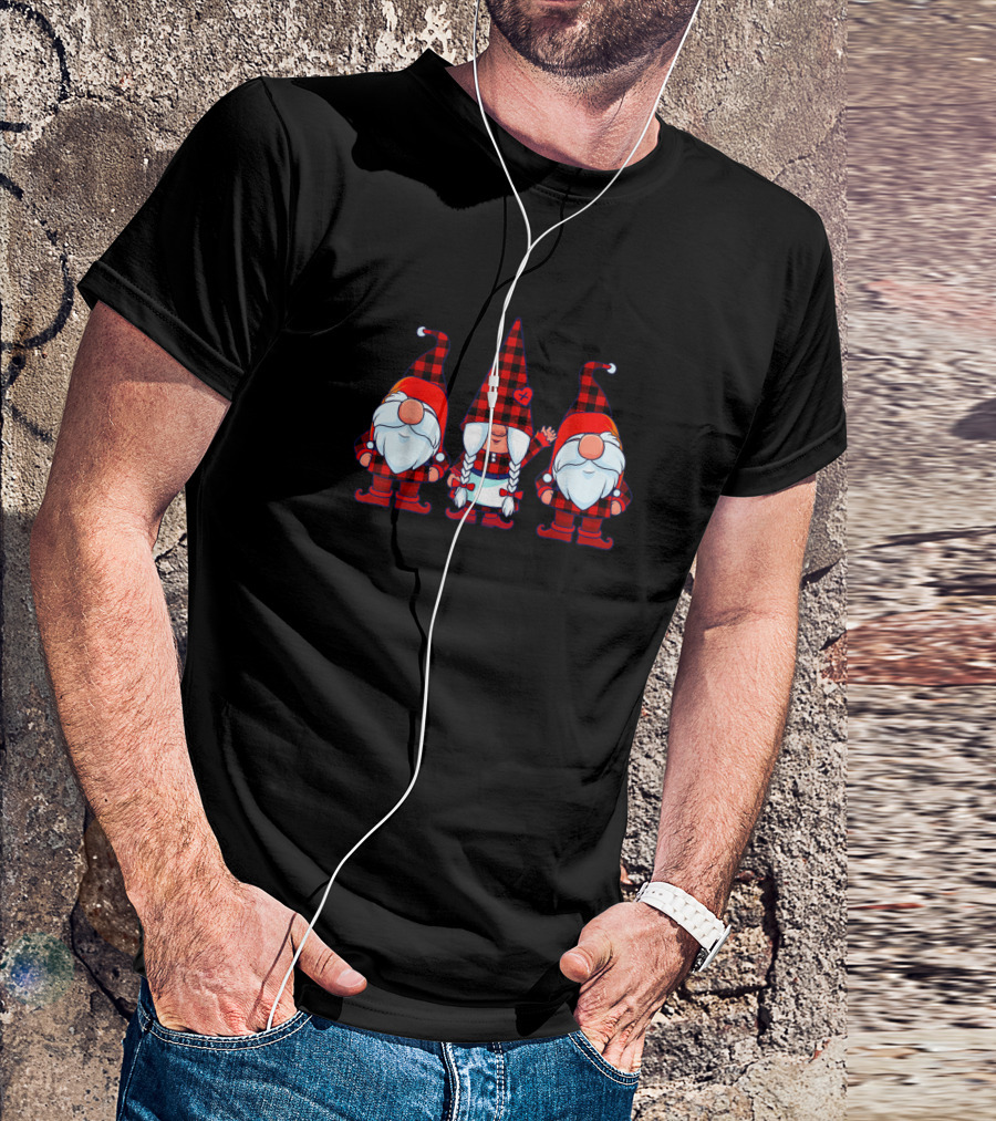 Three Christmas Gnomes In Buffalo Plaid T-Shirt