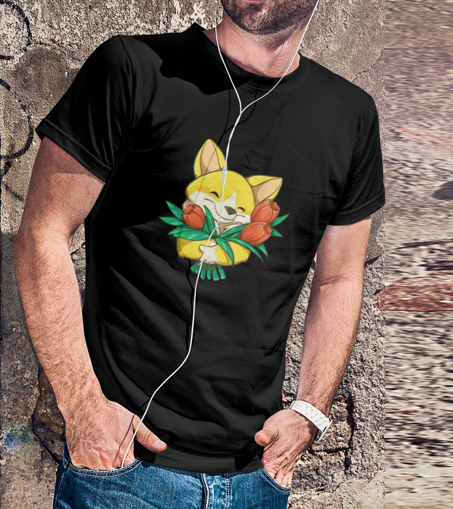 Valentine Cute Flower Fox Hugging Tulips T-Shirt