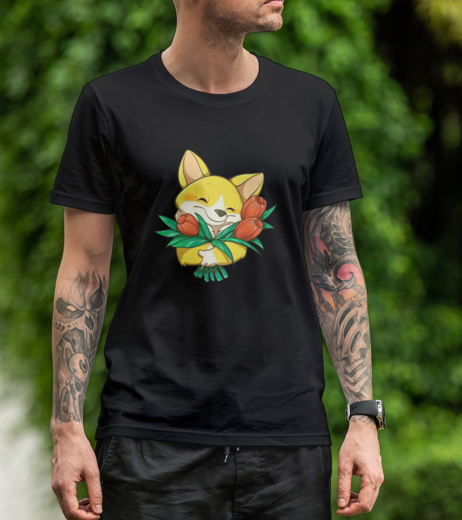 Valentine Cute Flower Fox Hugging Tulips T-Shirt