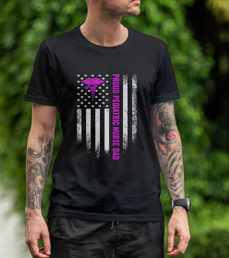 Proud Pediatric Nurse Dad Vintage American Flag Caduceus T-Shirt