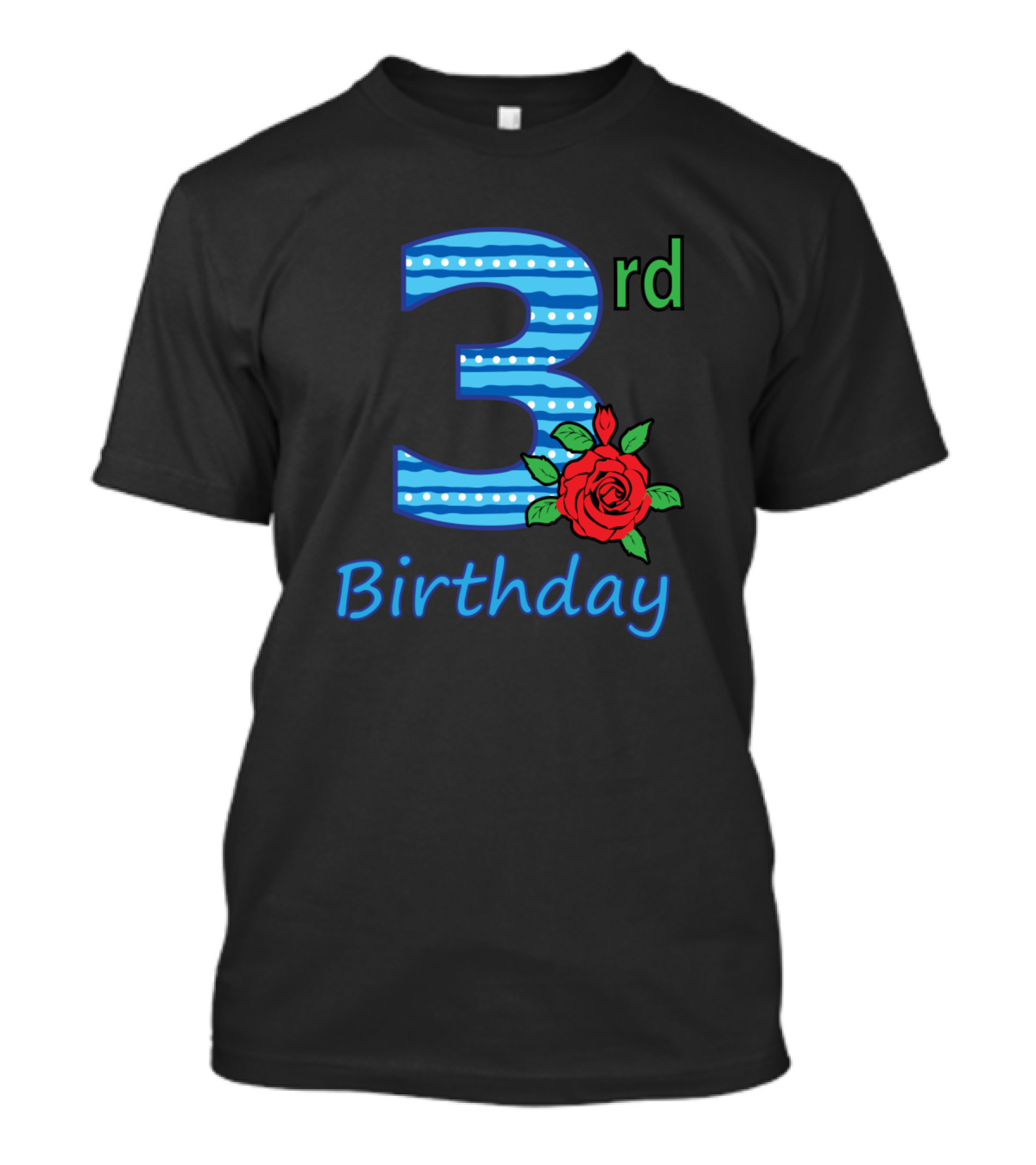3rd Birthday Flower With Striped Blue Number And Red Rose T-Shirt
