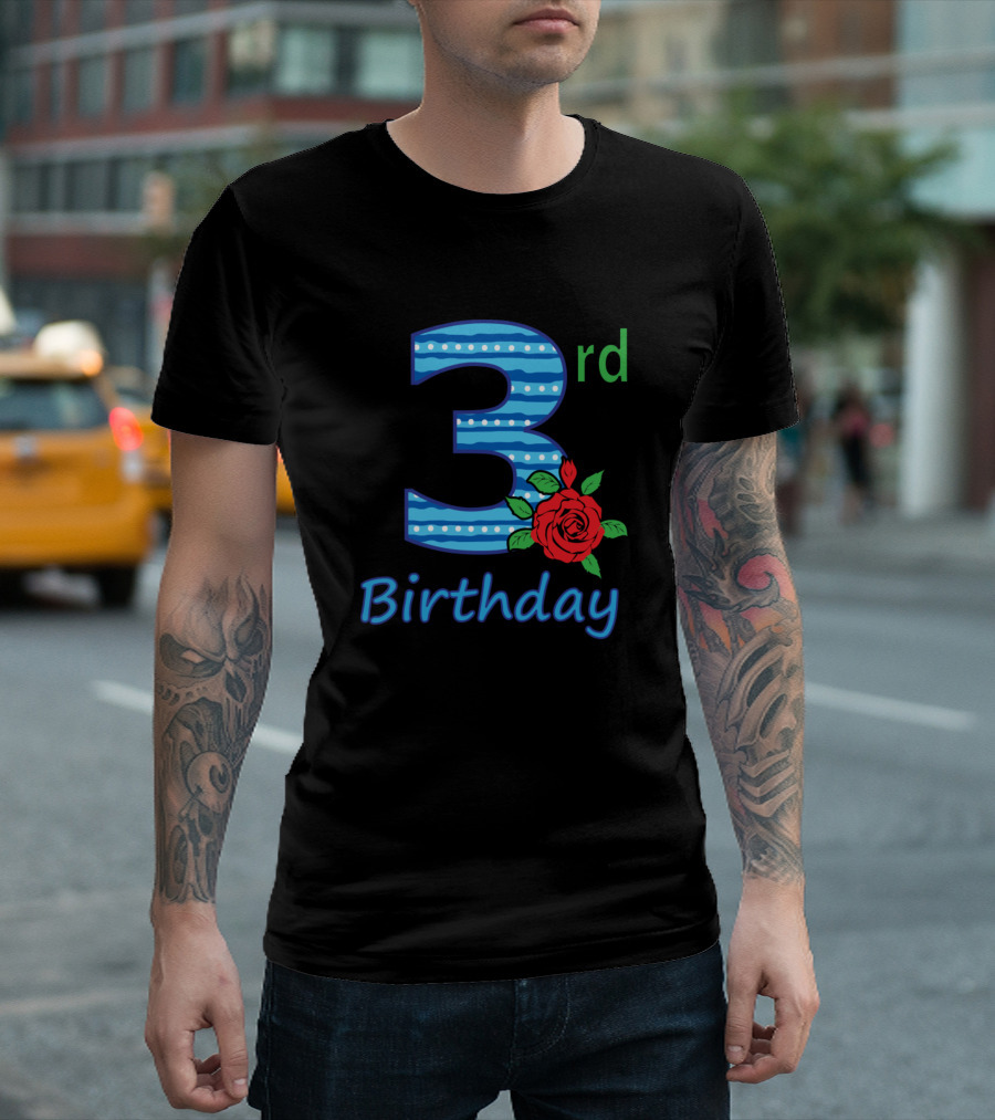 3rd Birthday Flower With Striped Blue Number And Red Rose T-Shirt