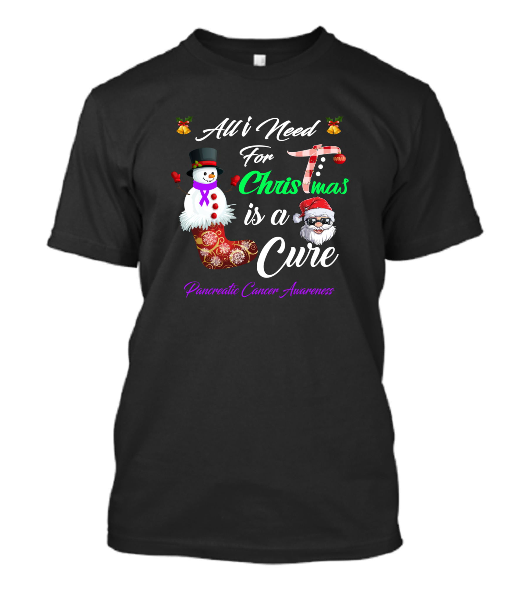 All I Need For Christmas Is A Cure Pancreatic Cancer Awareness Snowman And Santa T-Shirt