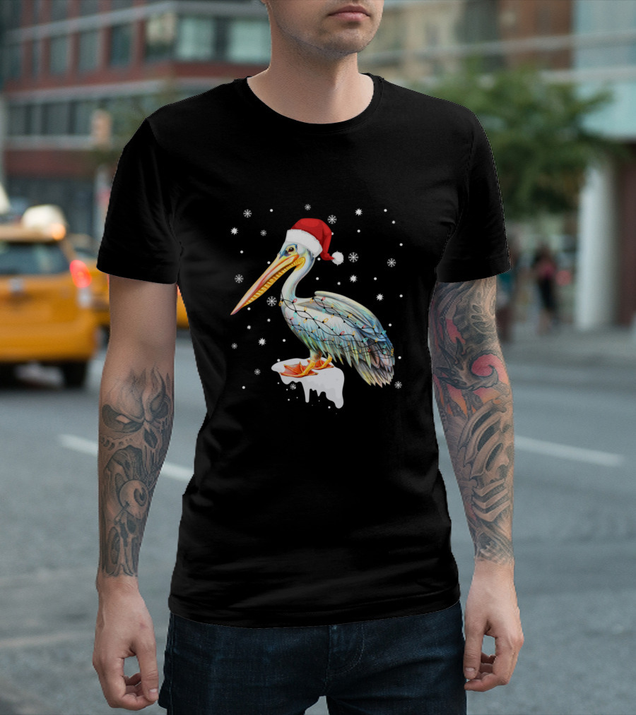 Christmas Pelican Wearing Santa Hat and Holiday Lights for Bird Lovers T-Shirt