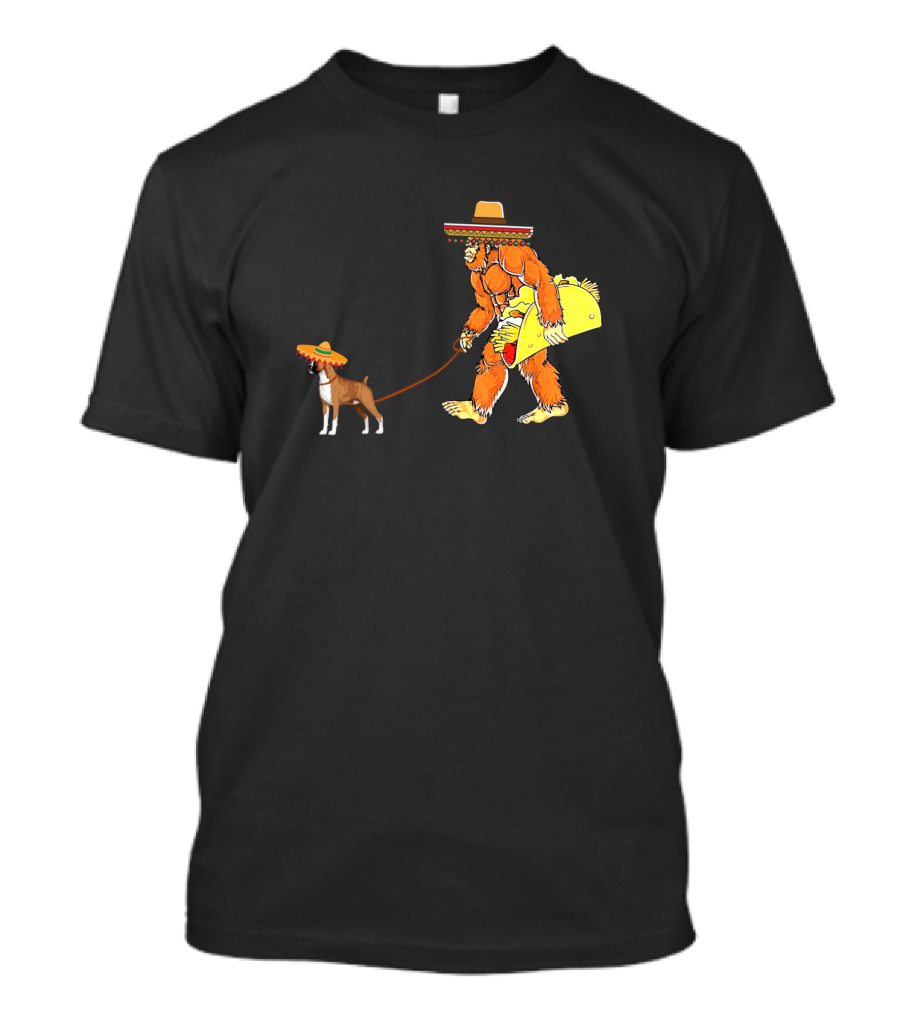 Cinco De Mayo Bigfoot Walking Dog With Taco And Sombrero T-Shirt