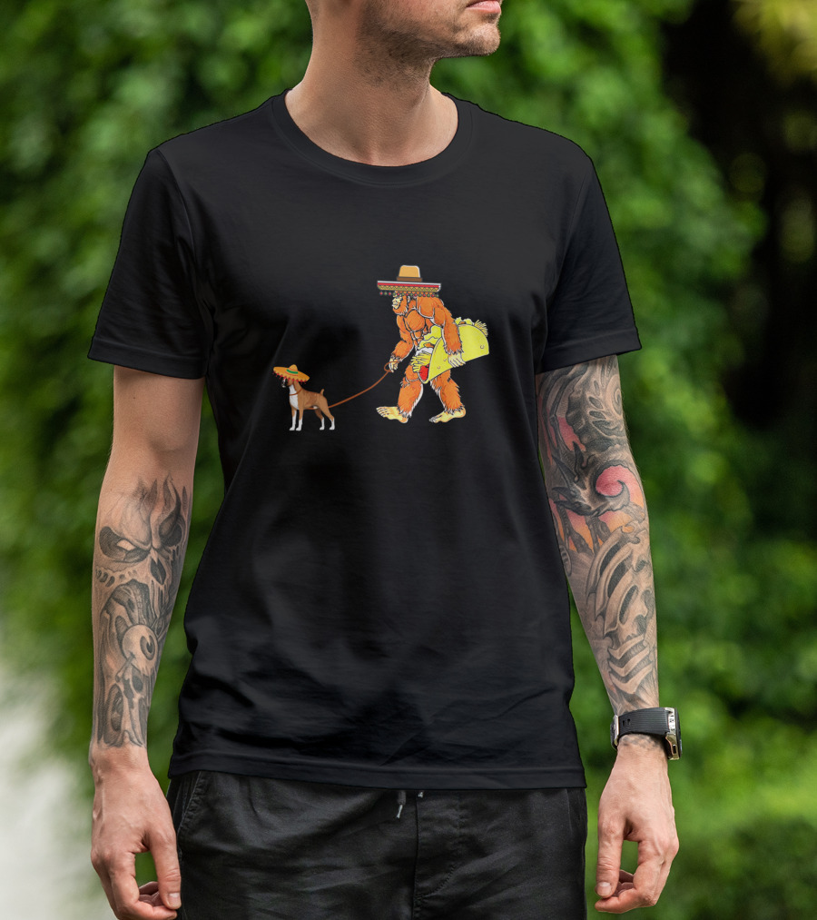 Cinco De Mayo Bigfoot Walking Dog With Taco And Sombrero T-Shirt
