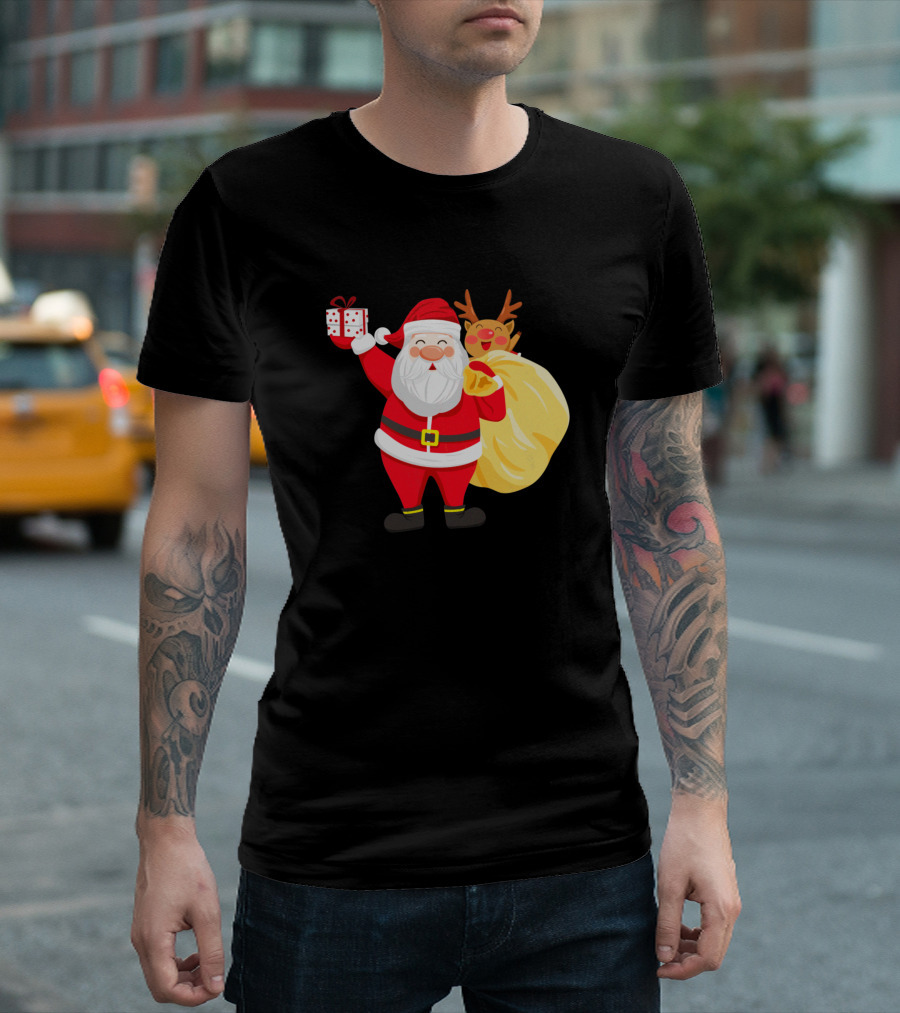 Creative Santa Claus With Gift And Reindeer Behind Sack T-Shirt