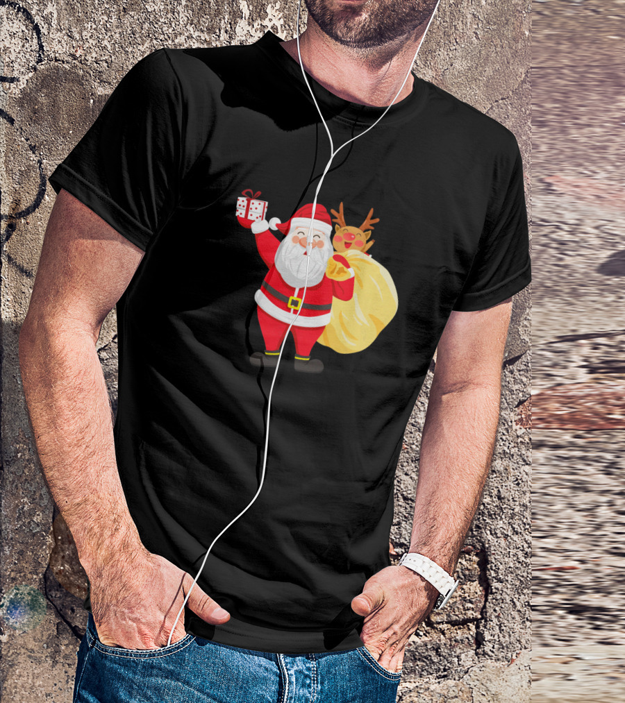 Creative Santa Claus With Gift And Reindeer Behind Sack T-Shirt