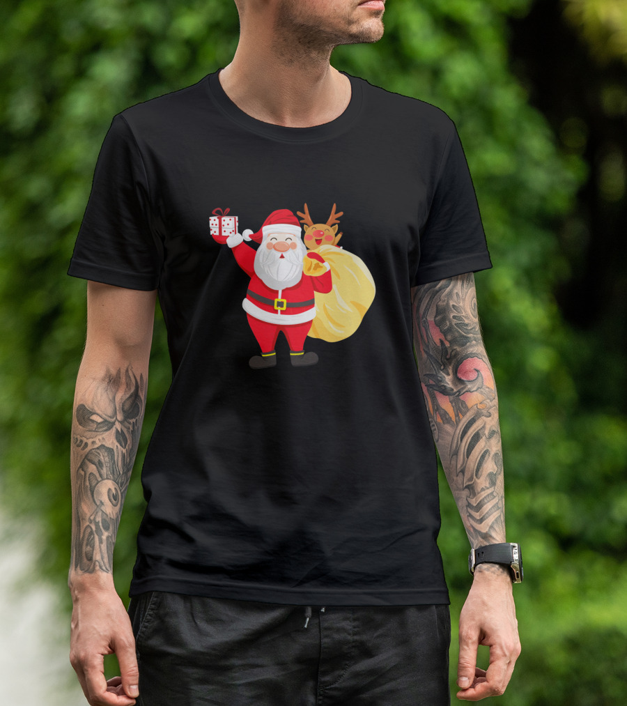 Creative Santa Claus With Gift And Reindeer Behind Sack T-Shirt