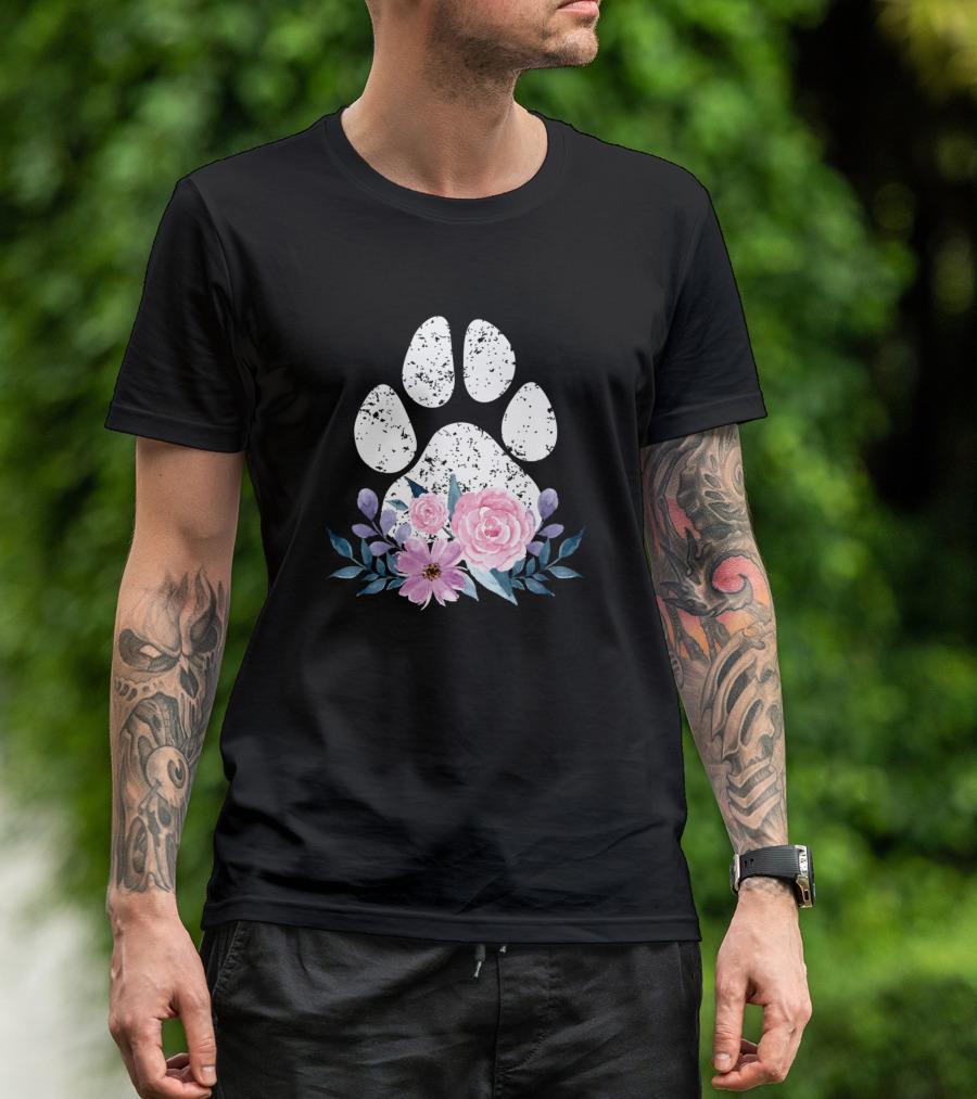 Cute Dog Lover Paw Print With Floral Design Fun T-Shirt