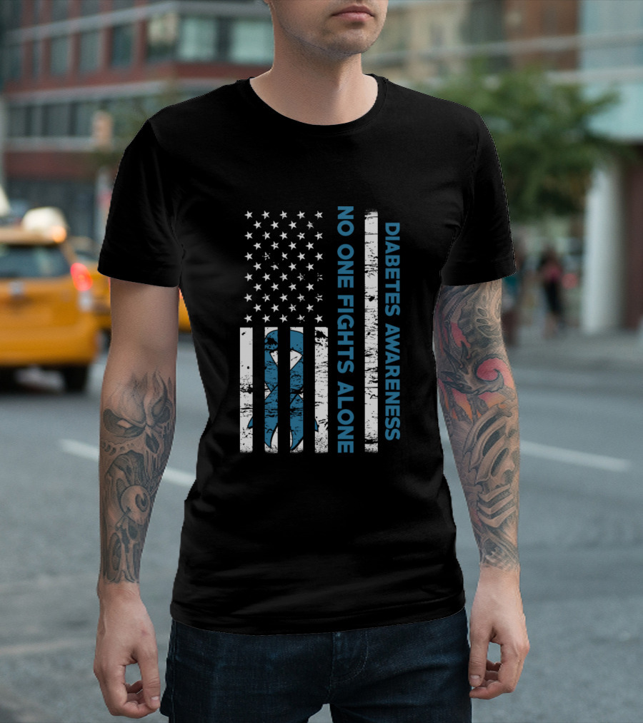 Diabetes Awareness No One Fights Alone American Flag Blue T-Shirt