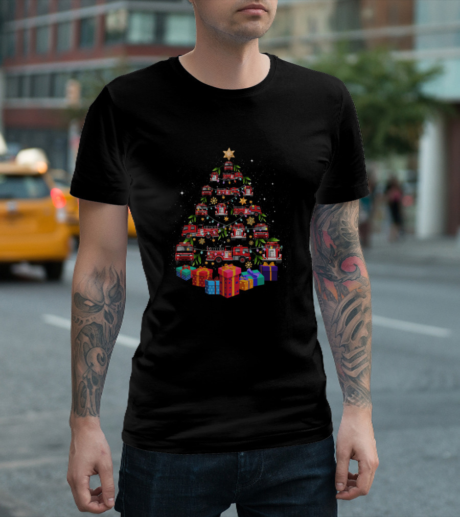 Firetruck Christmas Tree Funny Holiday Presents Festive Decor with Fire Engine Ornaments T-Shirt