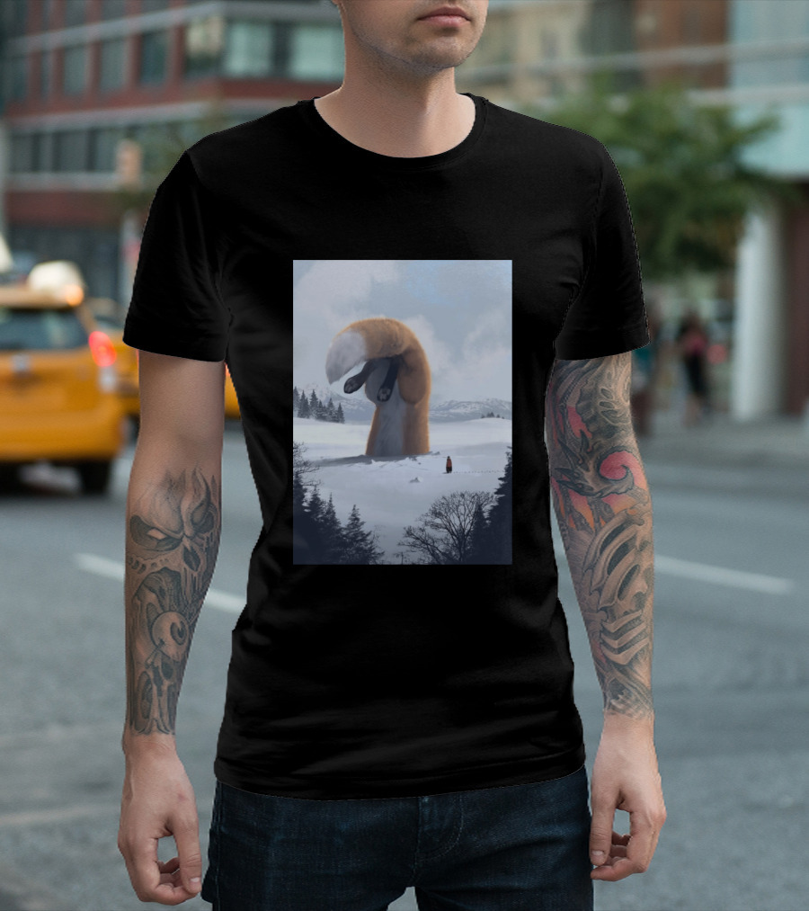 Giant Fox Tail in Snowy Landscape with Lone Figure T-Shirt