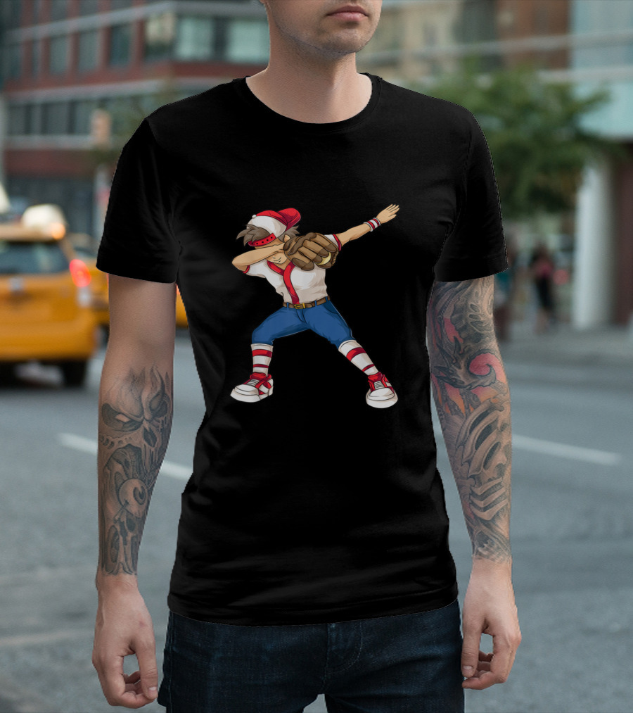 Dabbing Cartoon Baseball Pitcher with Red Cap and Striped Socks T-Shirt