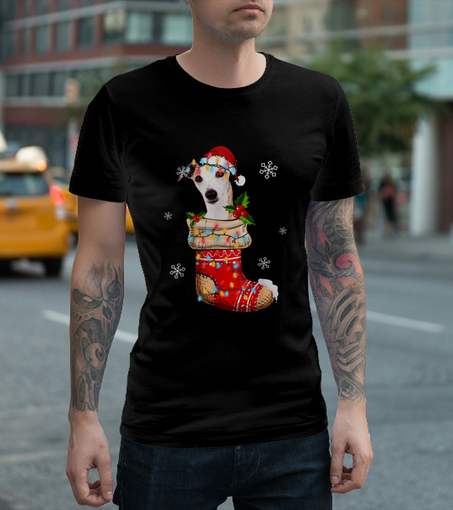 Whippet in Christmas Sock with Santa Hat and Lights T-Shirt