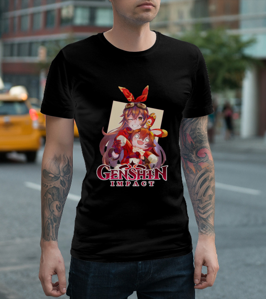 Genshin Impact Amber Character Winking With Baron Bunny T-Shirt