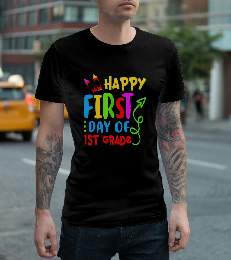 HAPPY FIRST DAY OF 1ST GRADE COLORFUL PENCILS AND SWIRL T-Shirt