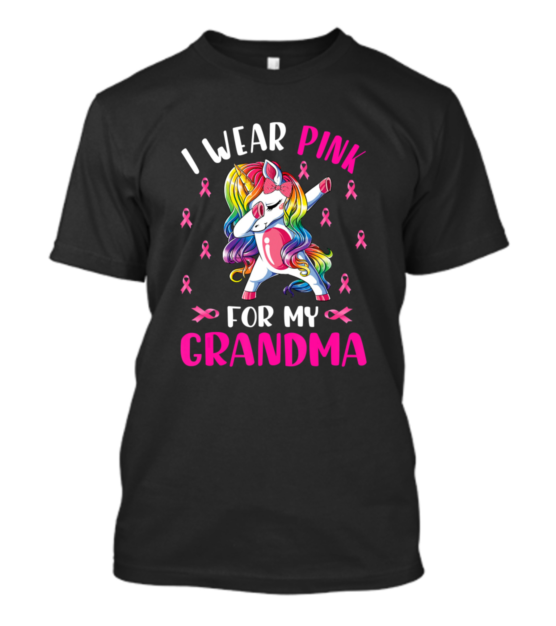 I Wear Pink For My Grandma Unicorn Dabbing With Pink Ribbons T-Shirt