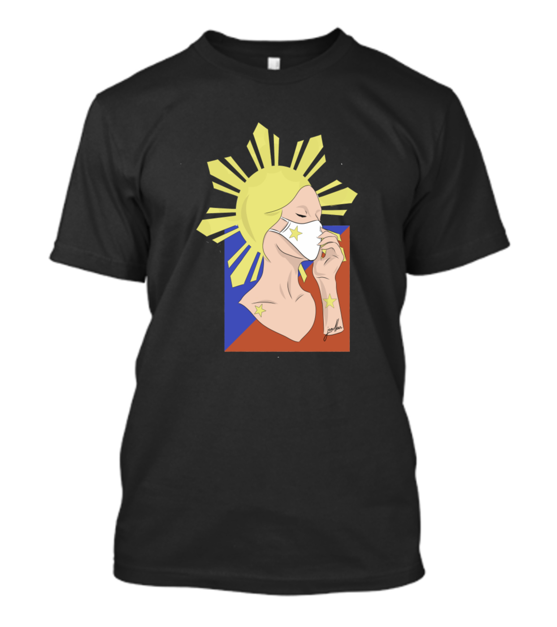 Inang Bayan Masked Lady With Philippine Flag Elements And Sunburst Motif T-Shirt