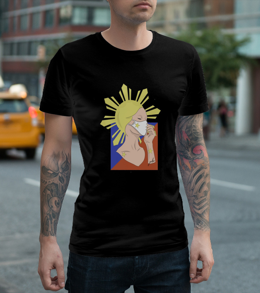 Inang Bayan Masked Lady With Philippine Flag Elements And Sunburst Motif T-Shirt