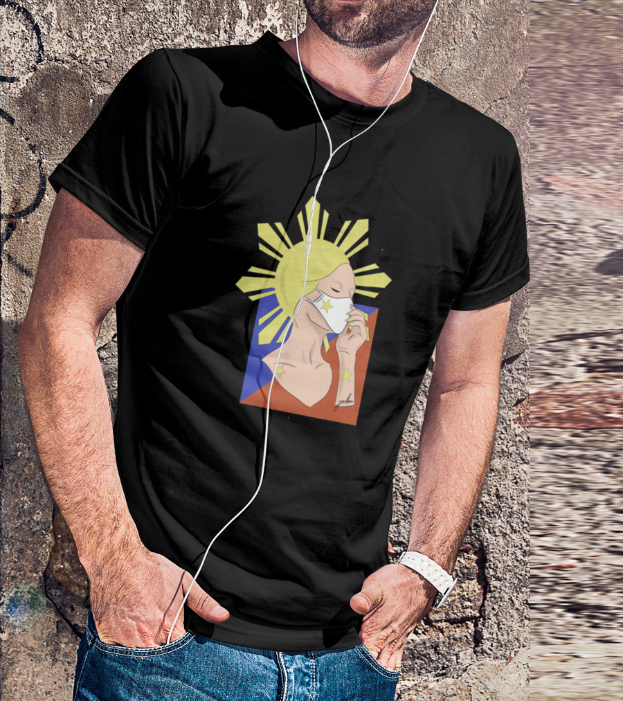 Inang Bayan Masked Lady With Philippine Flag Elements And Sunburst Motif T-Shirt