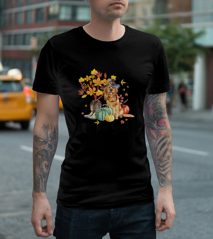It's Fall Y'all Cute Dog With Hat Pumpkin Boots And Autumn Leaves T-Shirt