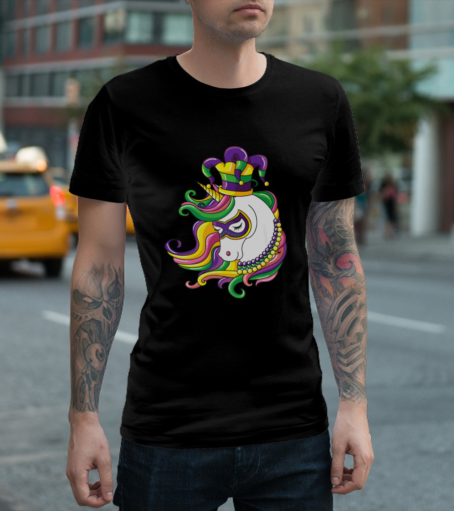 Colorful Jester Unicorn with Beaded Mardi Gras Mask and Hat T-Shirt