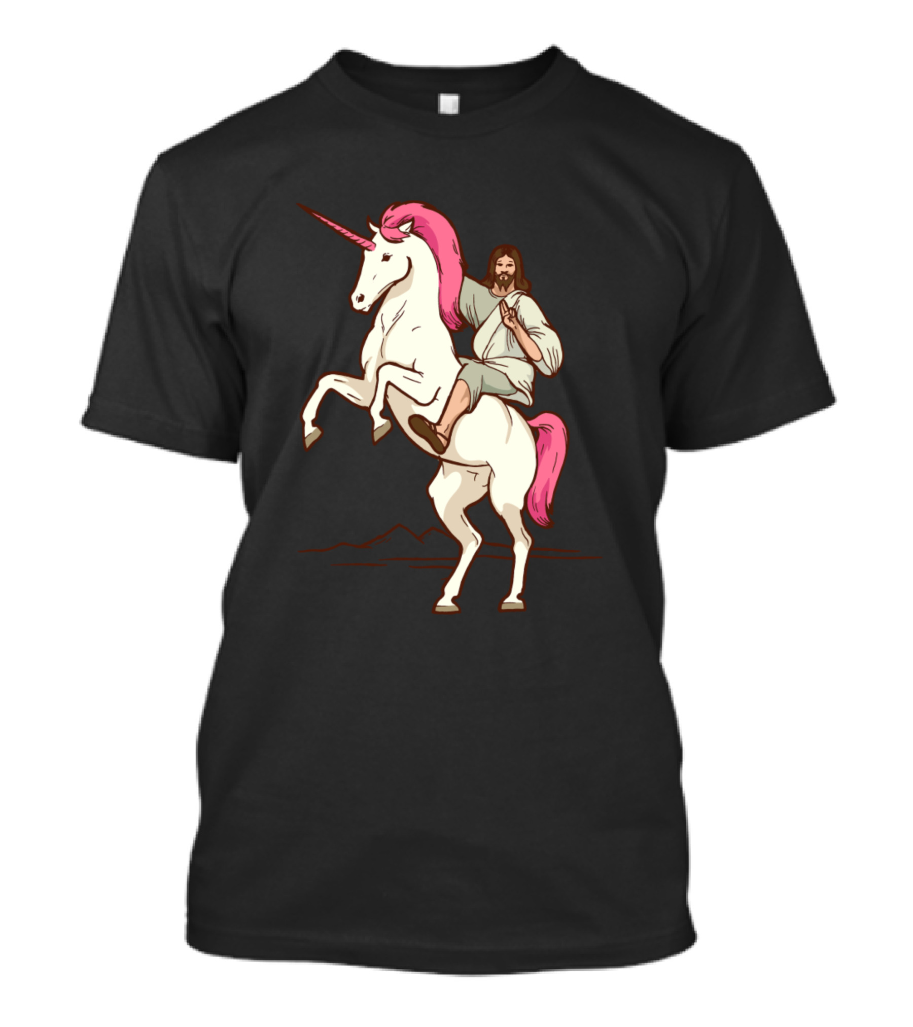 Jesus Christ Riding A White Unicorn With Pink Mane And Tail T-Shirt