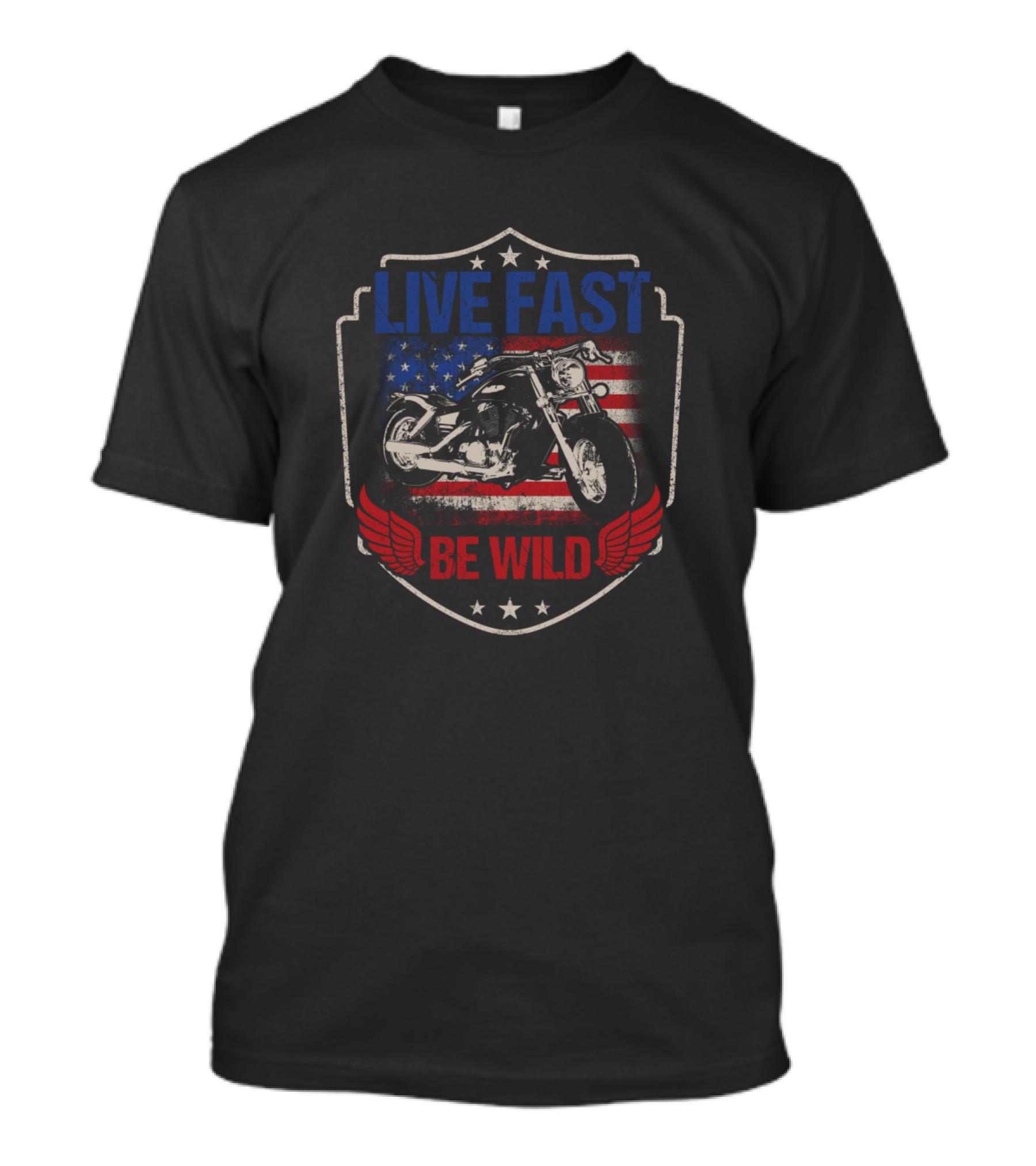 Live Fast Be Wild Motorcycle USA Flag Motocross Shield T-Shirt