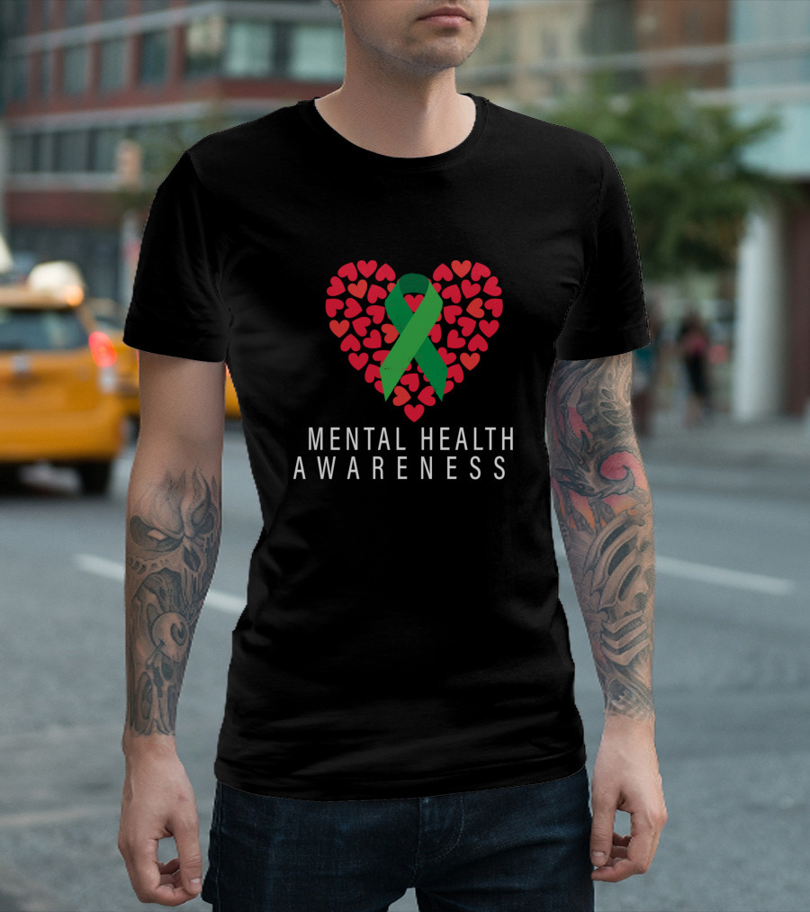 Mental Health Awareness Green Ribbon Red Heart T-Shirt